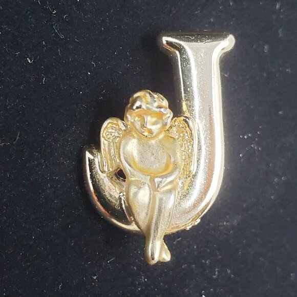 Vintage L Razza Initial Letter J Brooch Lapel Pin Sitting Angel Gold Tone - Picture 1 of 8